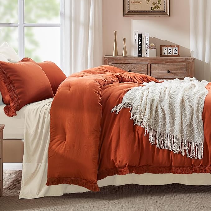 Andency Twin Comforter Set Burnt Orange, 2 Pieces Terracotta Boho Tassel Kids Comforter Sets for Boys Girls Teens, All Season Rust Soft Bed Set (66x90In Comforter & 1 Pillowcase)