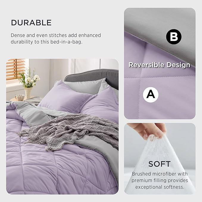 Bedsure Light Purple California King Size Comforter Set - 7 Pieces Reversible California King Bed in a Bag, Cal King Light Purple and Grey Bed Set with Comforters, Sheets, Pillowcases & Shams