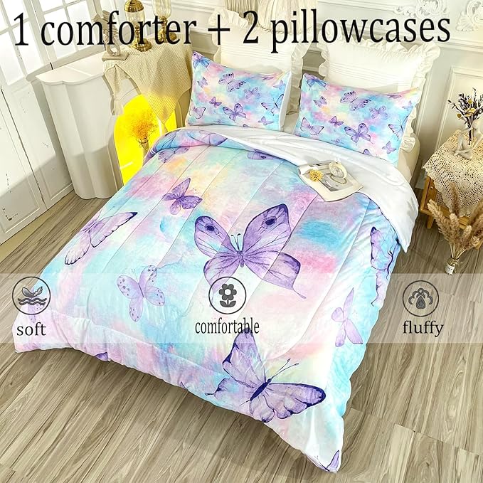 CVHOUSE Butterfly Queen Comforter Set for Girls Teens.Butterfly Queen Bedding Set,Butterflies Bedspread,Butterfly Duvet,Butterfly Bed Set,Butterflies Quilt Set 3 Pcs 1 Comforter and 2 Pillowcases