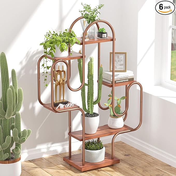 Allinside Cactus Corner Bookshelf, 6 Tiers Multipurpose Plant Stand, Heavy-Duty Metal Corner Shelf, Creative Tall Display Rack, Rustic Bookcase for Living Room, Bedroom, Home Office and Balcony