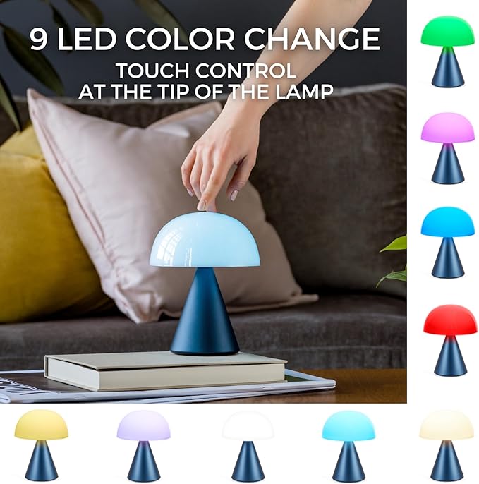 Lexon Mina L Mushroom Lamp - 9 LED Color Table Lamp for Bedrooms, Living Room & Office - Cordless, Rechargeable with 24h Light & Dimmer, Aluminum, Large - Dark Blue