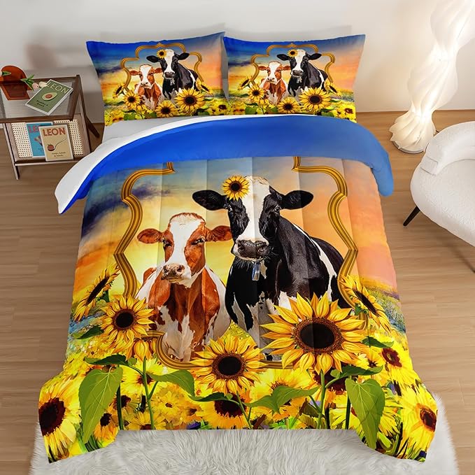 HOSIMA Animal Theme Bedding Set Bull and Cow Comforter with 2 Pillowcases,Sunflower Full Size Comforter Set for Adults Teens Kids,Brown Cowhide Black White Cow Print Western Bedding Sets.