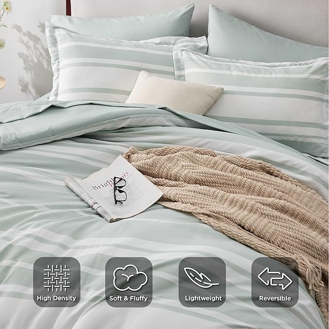 Bedsure Bed in a Bag Full Size 7 Pieces, Sage Green White Striped Bedding Comforter Sets All Season Bed Set, 2 Pillow Shams, Flat Sheet, Fitted Sheet and 2 Pillowcases