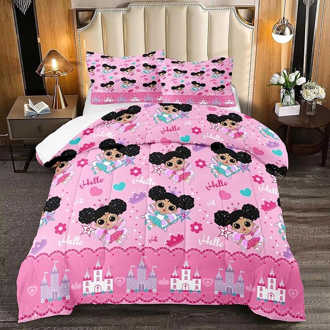 Black Girl Comforter Set, Pink Girls Queen Comforter Set 3 Piece Cute Pattern African American Black Girls Comforter Set Decor Kids Girls Teens Bedroom with 1 Comforter 2 Pillowcases
