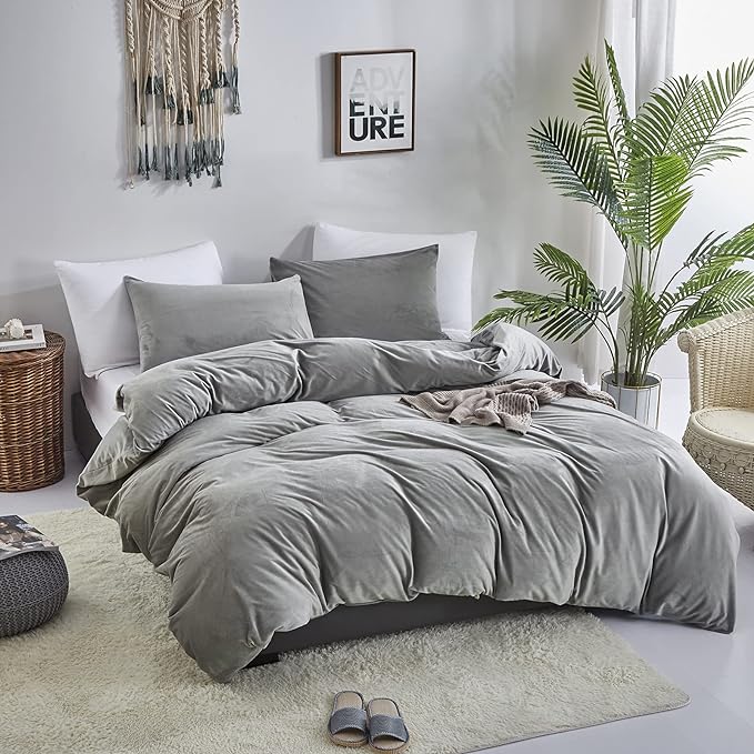 Wellboo Grey Velvet Comforter Sets Queen Size Women Men Solid Gray Fluffy Bedding Comforters Modern Dark Grey Plush Aesthetic Quilts Plain Gray Shaggy Dorm Blankets Minimalist Flannel Thick Sherpa Bed