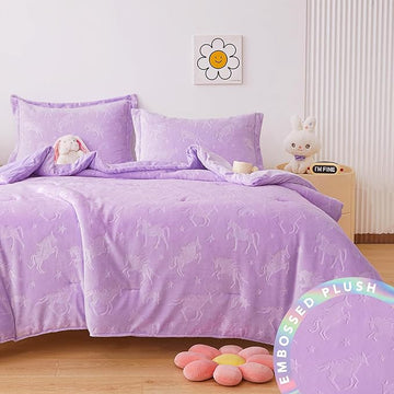 Mooreeke Full Kids Comforter Bed Set, Embossed Plush Fleece Soft & Warm 3 Piece Bed in A Bag with Shams, Velour Velvet Purple Unicorn Girls Kids Bedding Set, Fluffy Fuzzy Polar Cozy and Stylish