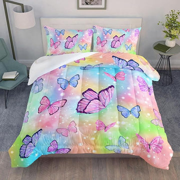 Datura home Bedding Comforter Set Rainbow Watercolor Printed Pattern Quilt Bedding Set with 1 Comforter and 2 Pillowcases for Girls Bedroom All Season(Butterfly Watercolor Twin)