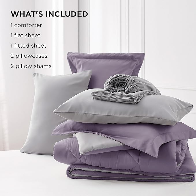 Bedsure Grayish Purple California King Size Comforter Set - 7 Pieces Reversible Cal King Bed in a Bag, Cal King Grayish Purple and Grey Bed Set with Comforters, Sheets, Pillowcases & Shams