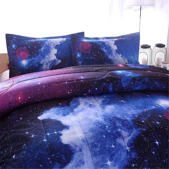 A Nice Night Galaxy Bedding Sets Outer Space Comforter 3D Printed Space Quilt Set Queen Size,for Children Boy Girl Teen Kids - includes 1 Comforter, 2 Pillow Cases