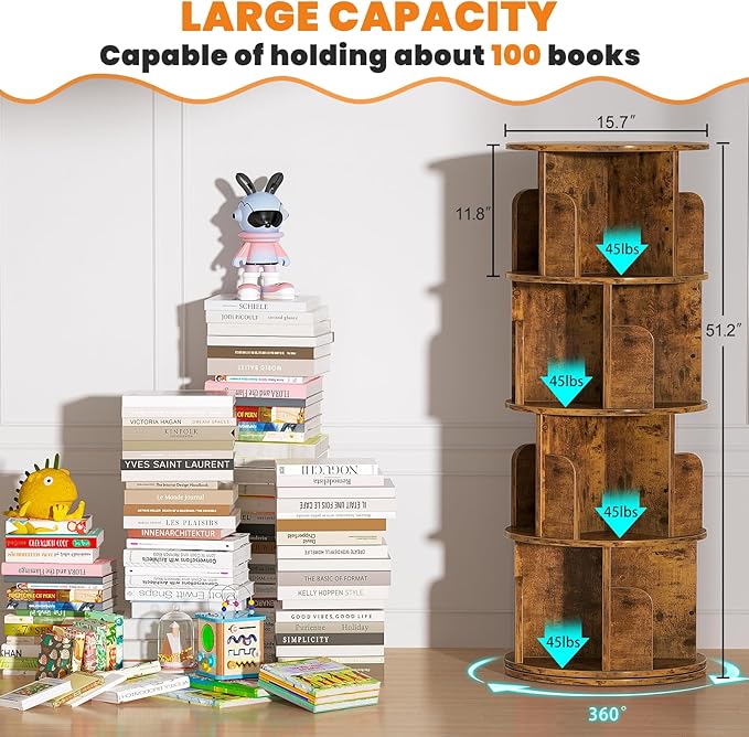 Rotating Bookshelf, Corner Bookshelf, 360 Display Wood Spinning Bookcase Storage Rack, Floor Standing Revolving Bookcase Narrow Book Shelf Organizer for Small Space, Bedroom, Rustic Brown
