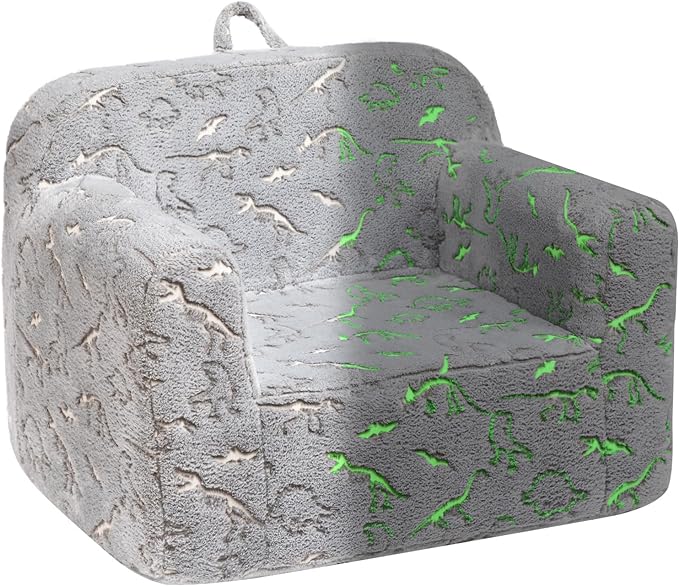 ALIMORDEN Kids Ultra-Soft Snuggle Foam Filled Chair, Glow-in-The-Dark Dinosaurs Fossil Pattern Toddler Cuddly Sherpa Reading Couch for Boys and Girls