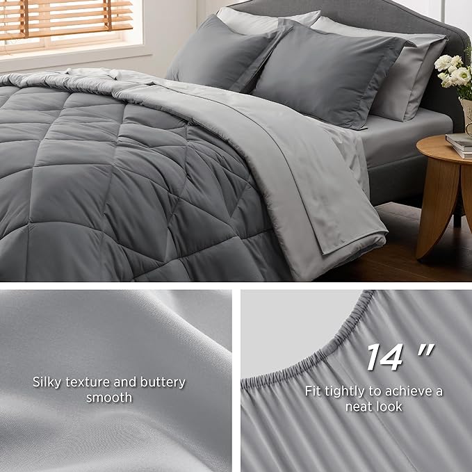 Bedsure Dark Grey Queen Comforter Set - 7 Pieces Reversible Queen Bed in a Bag, Queen Bed Set Dark Grey with Comforters, Sheets, Pillowcases & Shams