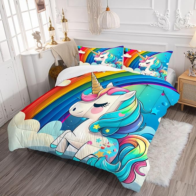 Unicorn Bedding Twin for Girls Rainbow Comforter Set for Kids Children Boys Teens Cartoon Unicorn Colorful Starry Blue Glitter Quilt 1 Comforter + 1 Pillow Case