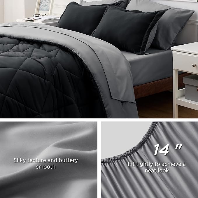 Bedsure Black Comforter Set Queen - 7 Pieces Reversible Black Bed in a Bag with Comforters, Sheets, Pillowcases & Shams, Queen Black Bed Set