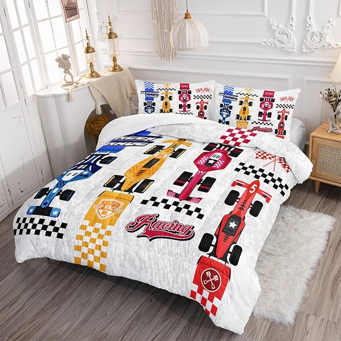 Axolotl Racing Car Comforter Set Twin Size,Colorful Sports Car Bedding Set for Kids Boys Teen Adult,Extreme Speed Race Bedding Sets Car Theme Bedroom Decor with 1 Comforter and 2 Pillowcases
