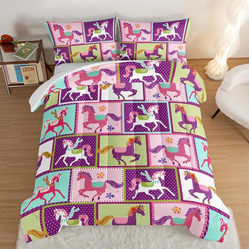 HOSIMA 3Pcs Kawaii Kids Horse Queen Comforter Set with 2 Pillowcases,Colorful Dots Style Comforter for Adults Teens Princess Toddler Bedding Sets Queen,Horse Pony Comforter Set.