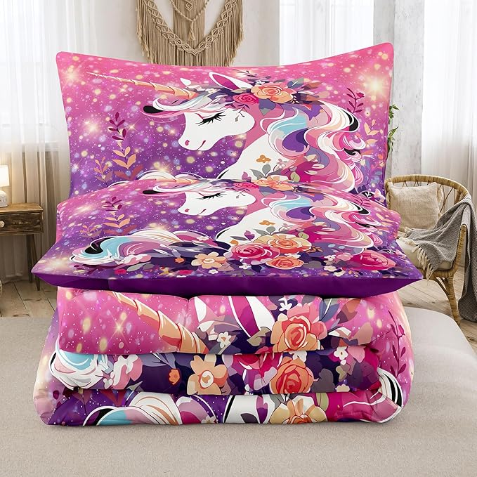 Tailor Shop Unicorn Bedding Twin Size 5 Pieces Unicorn Comforter Bed in a Bag for Girls/Kids Pink Comforter Set for Kids Girls Unicorn Sheets Room Decor…