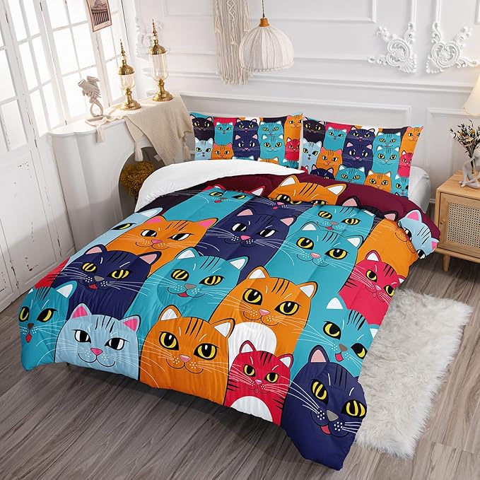 Axolotl Cartoon Cat Comforter Set Kids Bedding Queen Size,Cute Colorful Cat Bedding Set for Kids Boys Girls Adults Teens Room Decor,Kids Comforter Set All Season,1 Comforter 2 Pillow Cases