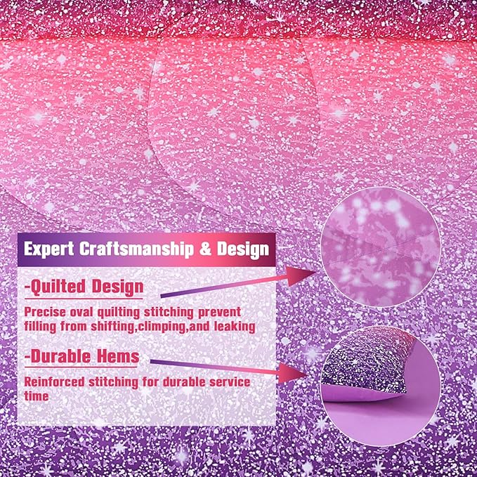 JQinHome Full Size Pink Purple Comforter Set, 6 Piece Bed in A Bag 3D Colorful Bedding Set for Girls Women
