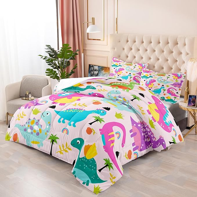 Girls Bedding Dinosaur Comforter Set Queen, Cute Dinosaur Bedding Set for Girls Adults Soft Breathable Dino Quilt Kids Queen Comforter Set, 1 Comforter 2 Pillowcase