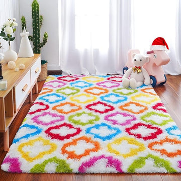 Tepook Fluffy Colorful Rug for Kids, Shaggy Soft Rainbow Area Rugs for Girls Bedroom, Indoor Modern Geometric Moroccan Rugs Plush Girls Kids Rug for Playroom Teens Room Nursery Home Decor, 3 X 5 ft
