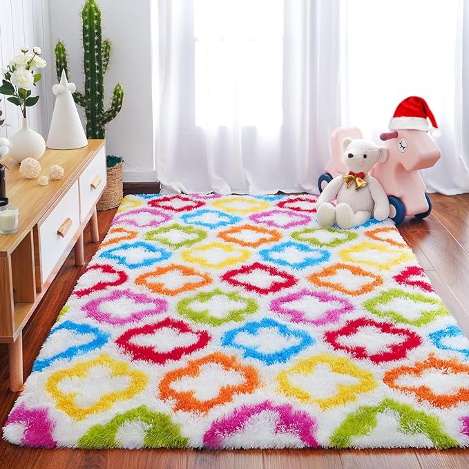 Tepook Fluffy Colorful Rug for Kids, Shaggy Soft Rainbow Area Rugs for Girls Bedroom, Indoor Modern Geometric Moroccan Rugs Plush Girls Kids Rug for Playroom Teens Room Nursery Home Decor, 4 X 6 ft
