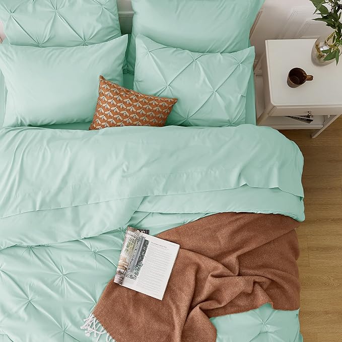Bedsure Mint Green Comforter Set Queen - Bed in a Bag Queen 7 Pieces, Pintuck Beddding Sets Green Bed Set with Comforter, Sheets, Pillowcases & Shams