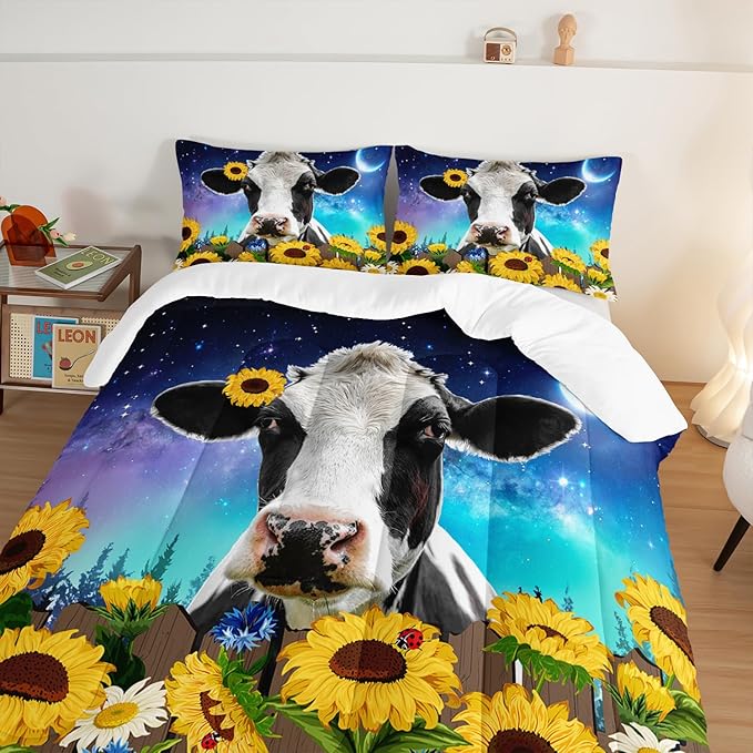 HOSIMA Cow Print Comforter Set with 2 Pillowcases,Farm Animal Theme Comforter Western Bedding Set Queen Size for Adults Teens Kids,Farm Starry Sky Toddler Comforter Sunflower Bedding Set.
