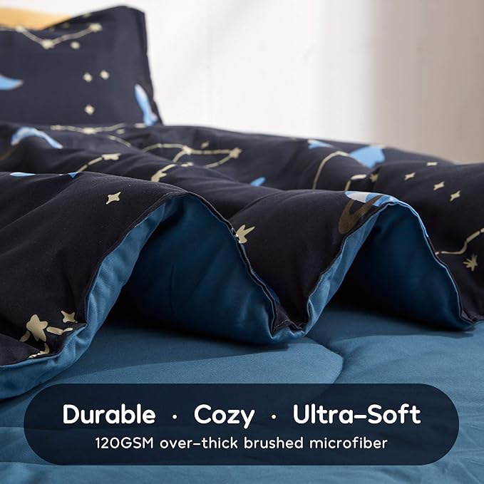 SLEEP ZONE Kids Bedding Comforter Set Full/Queen Size - Super Soft & Cute Printed 3-Piece Comforter Set All Seasons for Boys, Girls, Fade Resistant, Machine Washable, Blue Galaxy