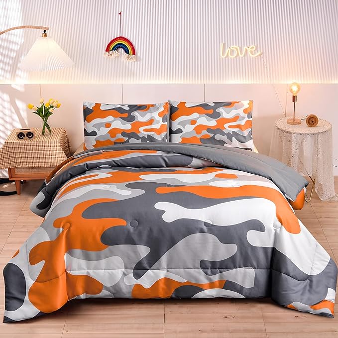 Meeting Story Kids Camo Bedding Set, Army Camouflage Bedding Queen Comforter Set for Boys Girls Teens Bedroom Decoration, 3Pcs (Orange, Queen)