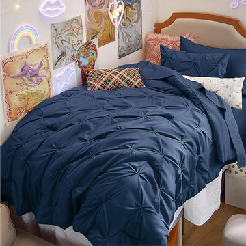 Bedsure Twin XL Comforter Set for Boys - Extra Long 5 Pieces Dorm Bedding Sets, Pinch Pleat Navy Blue Bed in a Bag with Comforter, Sheets, Pillowcase & Sham