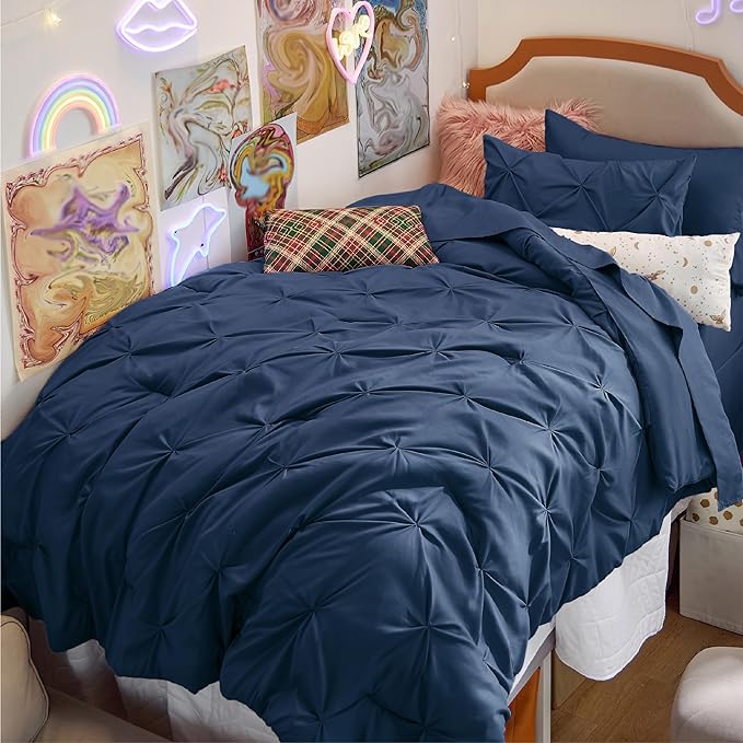 Bedsure Twin XL Comforter Set for Boys - Extra Long 5 Pieces Dorm Bedding Sets, Pinch Pleat Navy Blue Bed in a Bag with Comforter, Sheets, Pillowcase & Sham