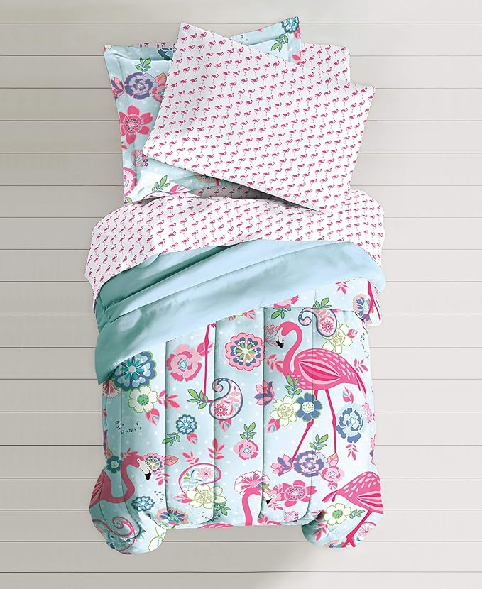 dream FACTORY Kids 5-Piece Complete Set Easy-Wash Super Soft Microfiber Comforter Bedding, Twin, Pink Flamingo