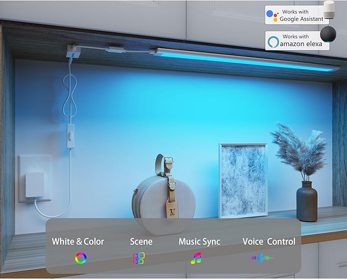 Smart Under Cabinet Lights, LED Light Bar, White & RGB Multi Color Changing Counter Lighting. Alexa Google App Controlled Lamp for Kitchen ,Shelf, Bookcase, above Sink, Desk (1-Bar 20 Inch Kit)