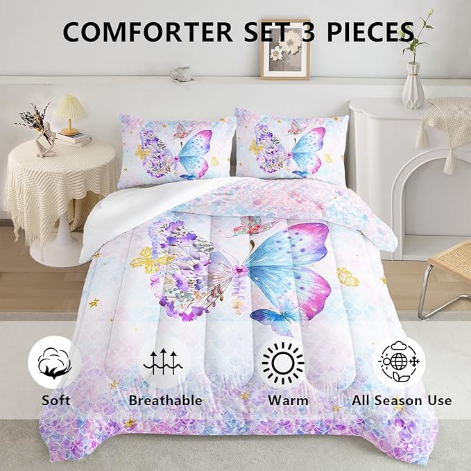 Axolotl Butterfly Bedding Full,Rainbow Butterfly Comforter Set for Girls Teens,Butterfly Bedding for Girls with Golden Star Scales Pattern,Butterfly Printed Quilt Set with 1 Comforter 2 Pillowcases