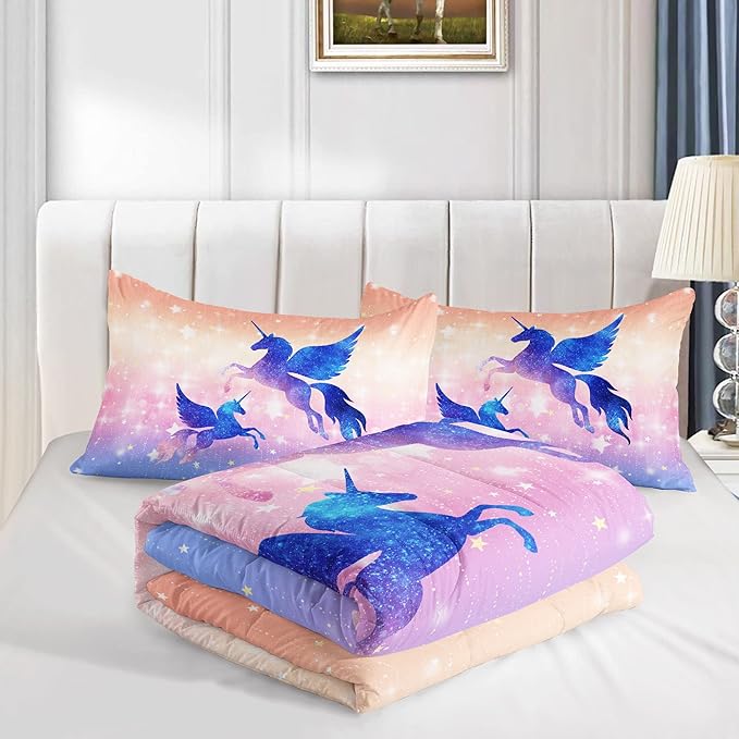 Datura home Bedding Comforter Set Starry Sky Unicorn Printed Pattern Quilt with 1 and 2 Pillowcases for Girls Bedroom All Season(Purple Full) Full 80x90inches