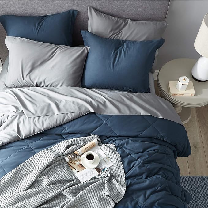 Bedsure Navy Comforter Set King - 7 Pieces Reversible King Navy Bed in a Bag, Bed Sets King with Comforters, Sheets, Pillowcases & Shams, Navy King Bedding Set