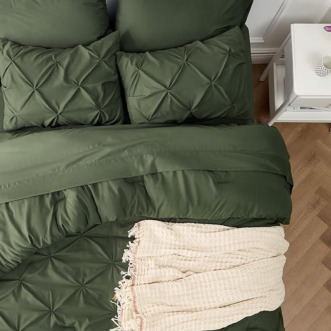 Bedsure King Size Comforter Set - Bedding Set King 7 Pieces, Pintuck Bed in a Bag Olive Green Bed Set with Comforter, Sheets, Pillowcases & Shams