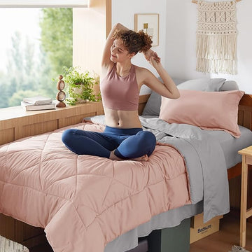 Bedsure Blush Pink Twin Comforter Set - 5 Pieces Reversible Twin Bed in a Bag, Extra Long Twin Bed Set with Comforters, Sheets, Pillowcase & Sham, Twin Bedding Sets for College