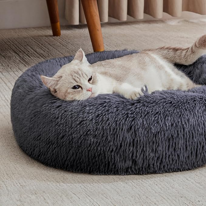 WESTERN HOME WH Calming Dog & Cat Donut Cuddler, Anti-Anxiety Warming Cozy Soft Round Bed, Fluffy Faux Fur Plush Cushion for Small Medium Dogs and Cats (20"/24"/27"/30")
