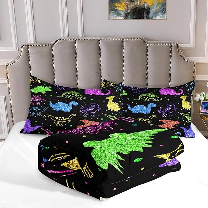 Dinosaur Kids Bedding Sets for Boys, Cartoon Dinosaur Comforter Sets Queen Size Colorful Dinosaur Bedding Soft Breathable Dinosaur Quilt for All Season (1 Comforter 2 Pillowcase)