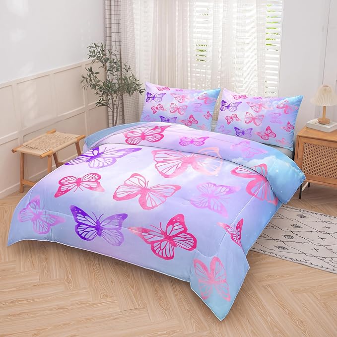 Tailor Shop Butterfly Comforter Sets Queen Size,Purple Butterfly Bedding Sets for Girls Kids Teens with 2 Pillowcase…