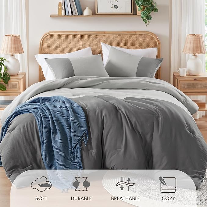 Grey Comforter King Size - Modern Farmhouse Soft Comforter Sets for Men, Masculine Colorblock Pattern Bed Sets for All Season, 3 Pieces includes 1 Comforter, 2 Shams (104"x 90")