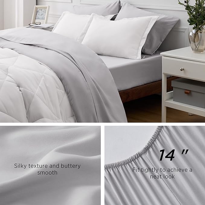Bedsure White Queen Comforter Set - 7 Pieces Reversible White Bed Set , Bedding Set White with Comforters, Sheets, Pillowcases & Shams, White Bed in a Bag