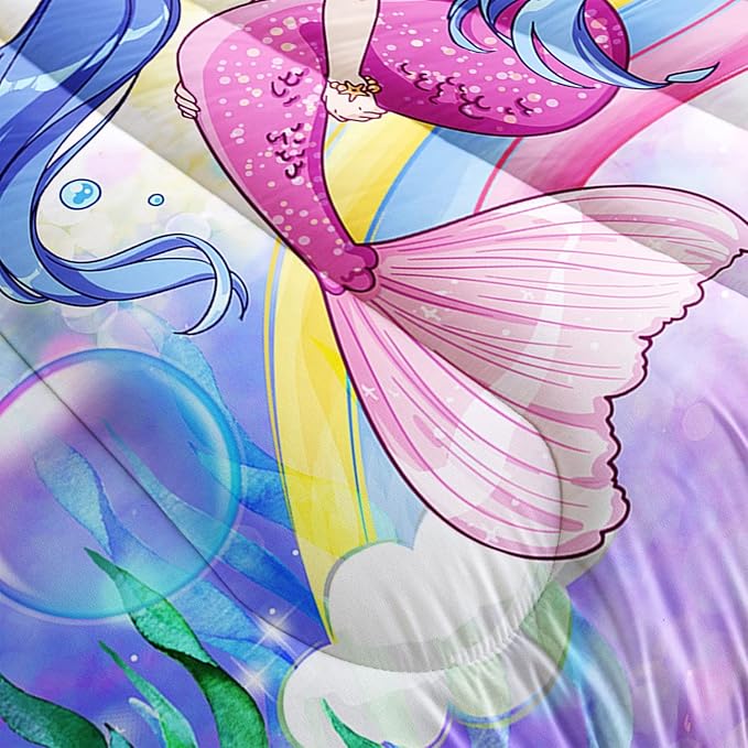 Datura home Kids Mermaid Comforter Set for Girls Women,Cute Mermaid Girl and Rainbow Shell Starfish Printed Pattern Blue Kawaii Bedding Set with 2 Pillowcases(Mermaid Girl Full)