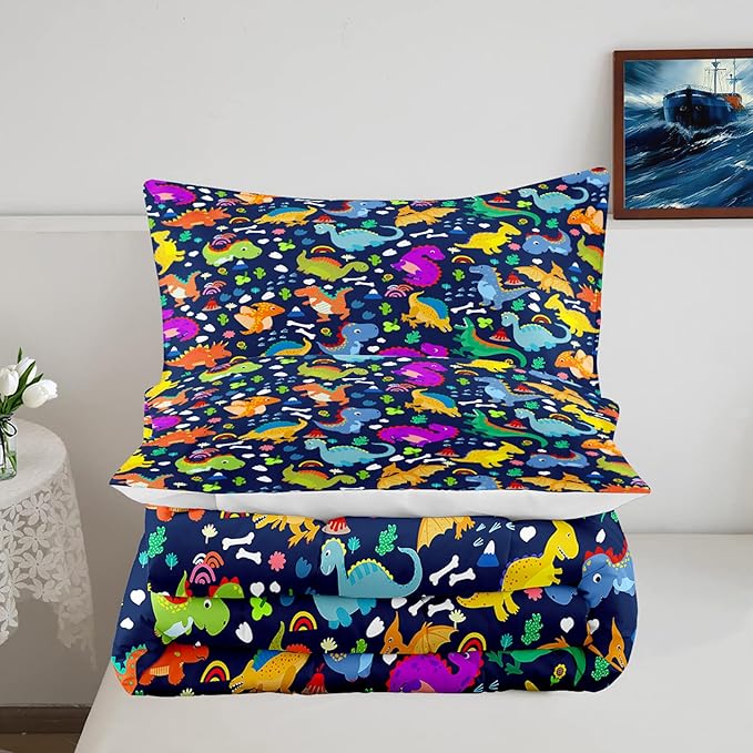 Dinosaur Full Size Bedding Set - Cartoon Dinosaur Full Size Comforter Sets for Boys Soft Breathable Blue Dino Quilt Kids Comforter Set Decor for Boys Bedroom, 1 Comforter 2 Pillowcase