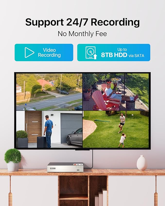 ZOSI 3K Lite Security Camera System Indoor Outdoor,AI Human/Vehicle Detection,Night Vision,Remote Access,4pcs 1080P 1920TVL Weatherproof Surveillance Cameras,H.265+ 8CH CCTV DVR(NO HDD)