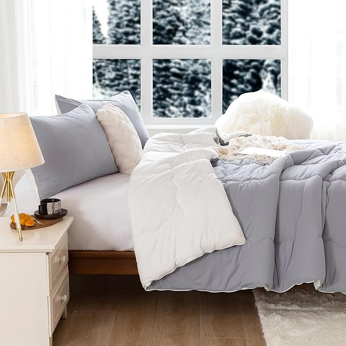 COTTEBED Winter Reversible Queen Bed Comforter Set, Warm Milk Cup Ultra-Soft Breathable Fluffy Cosy Full Size Bedding 1 Down Alternative Comrter & 2 Pillow Sham Winter Use Gray and White