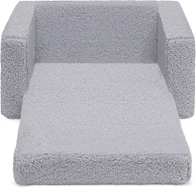 Delta Children Cozee Flip-Out Sherpa 2-in-1 Convertible Chair to Lounger for Kids, Grey