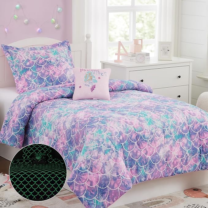 KALEIDOSPACE Pink Comforter Set Full for Kids, Glow in The Dark Mermaid Bedding Sets with Decor Pillow, 4 Pieces Girls Bed Set